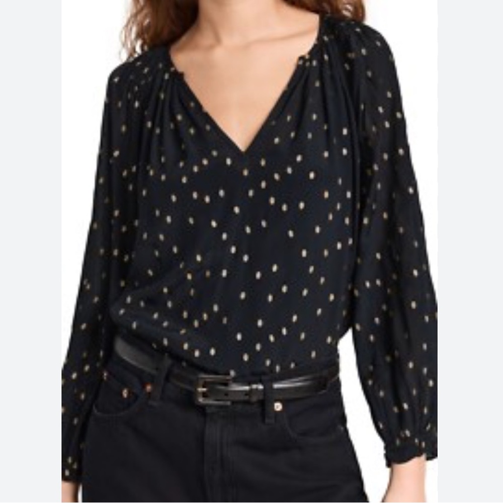 Velvet Krista Metallic Georgette Polka Dot Peasant Blouse Black and Gold XS